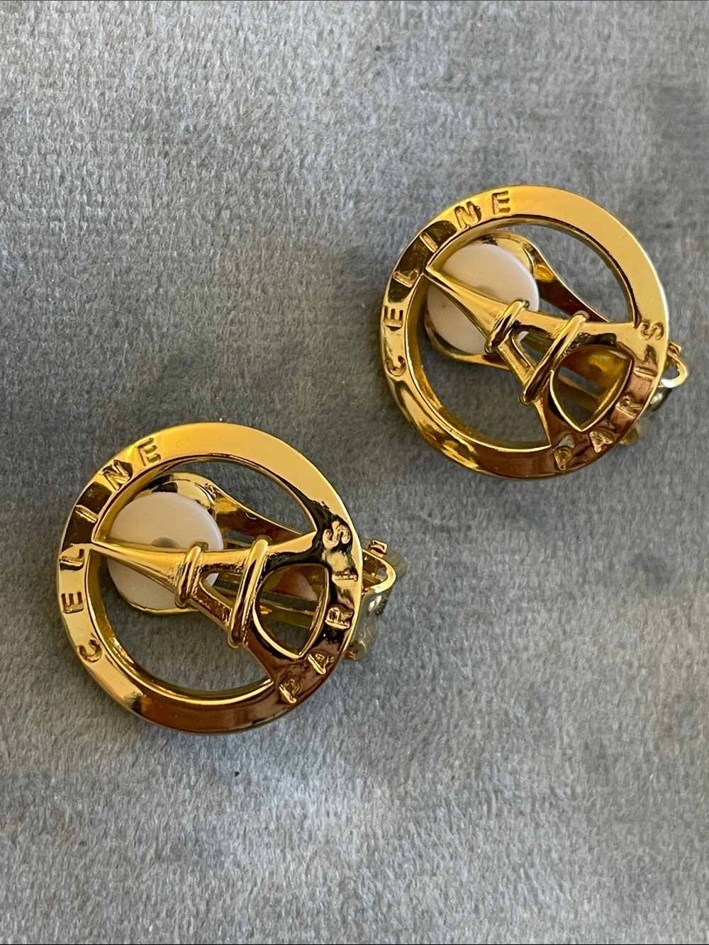 Celine Gold-tone Eiffel Tower Clip-On Earrings with Cream Accents - Picture 4 of 6